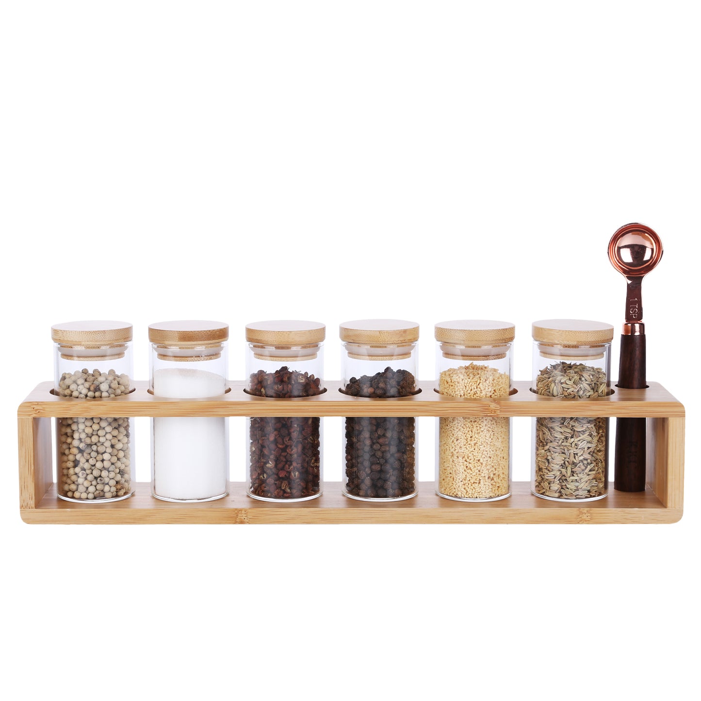 KKC 6 Piece- Eco-friendly Bamboo Lid Glass Spice Jar Set, Bamboo Shelf and one spoon For Spices, Seasoning, Herb Storage and Kitchen Organization.