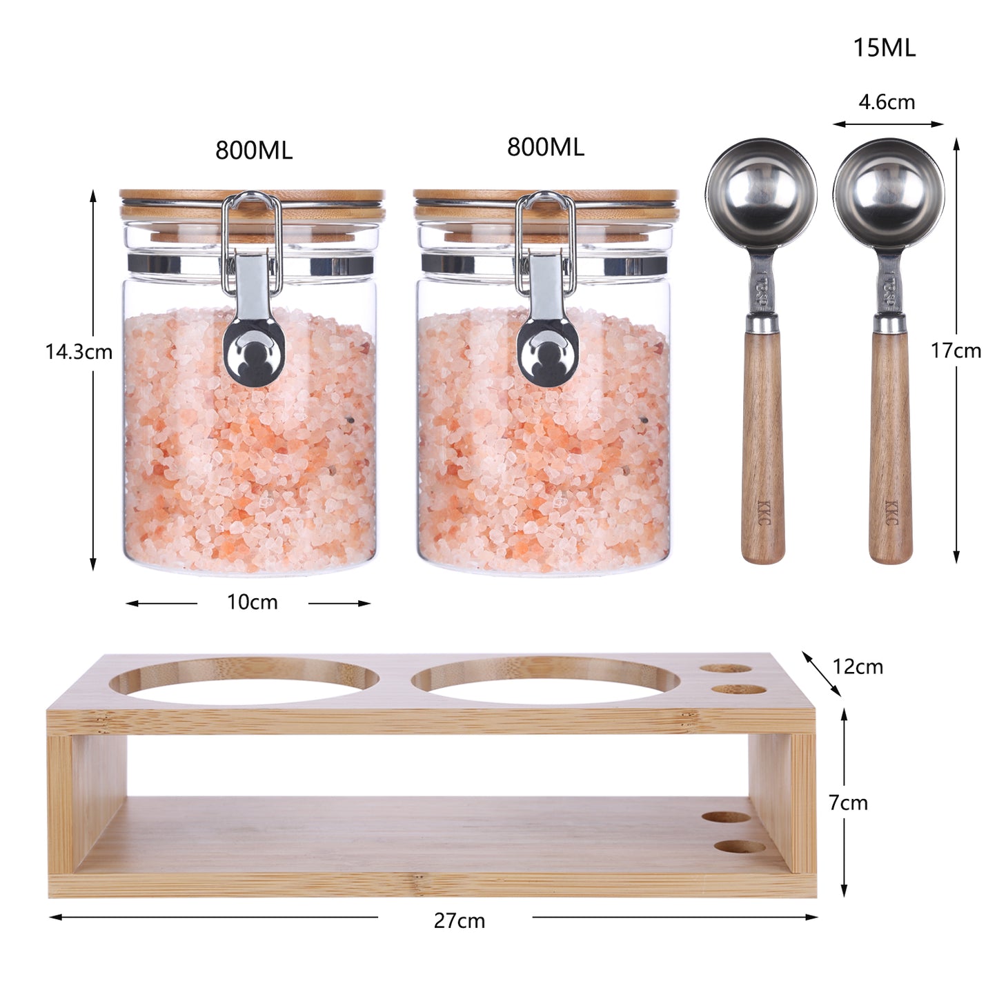 KKC Glass Food Jars with Bamboo Lids,Airtight Spice Canisters Jar With Rack and Scoop, Glass Food Storage Container for Pantry Organization, Kitchen Canisters Sets for Spice,Salt, Tea,Sugar,800ML