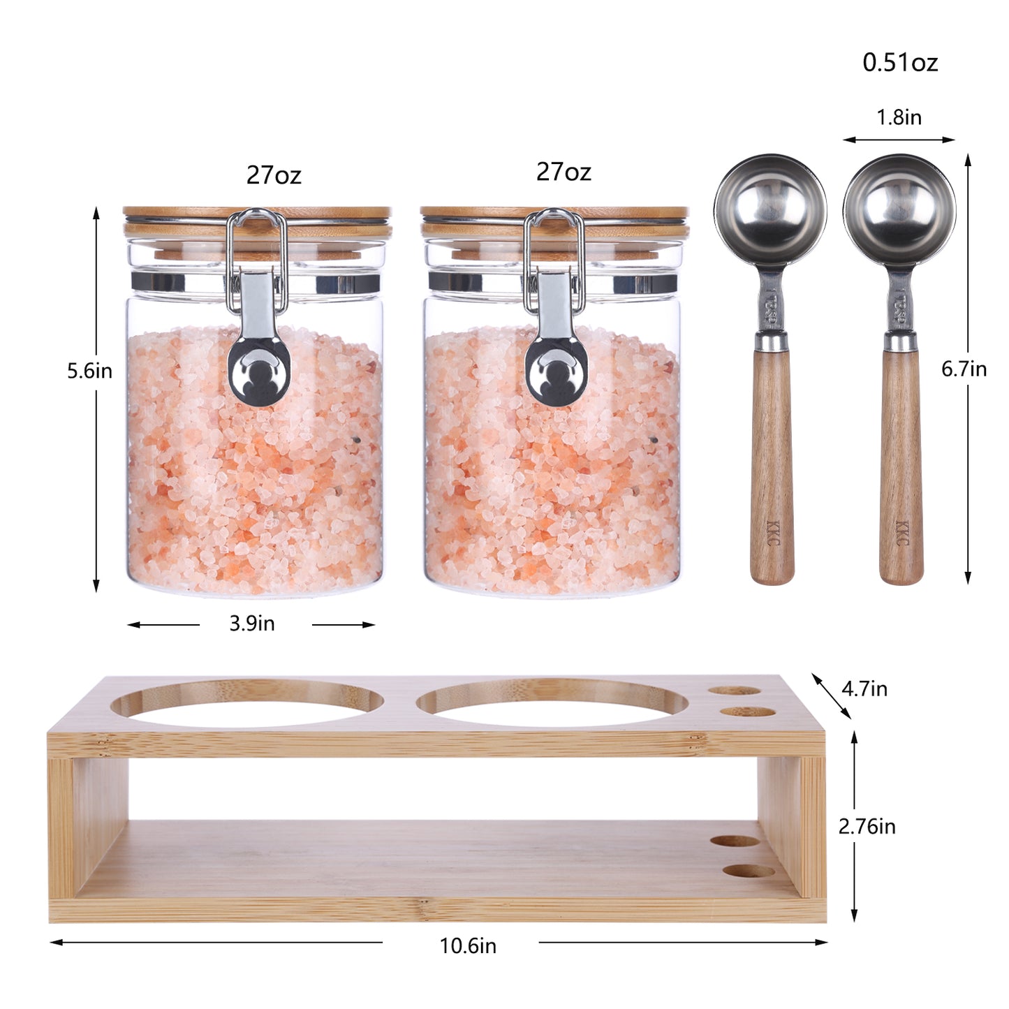 KKC Glass Food Jars with Bamboo Lids,Airtight Spice Canisters Jar With Rack and Scoop, Glass Food Storage Container for Pantry Organization, Kitchen Canisters Sets for Spice,Salt, Tea,Sugar,800ML