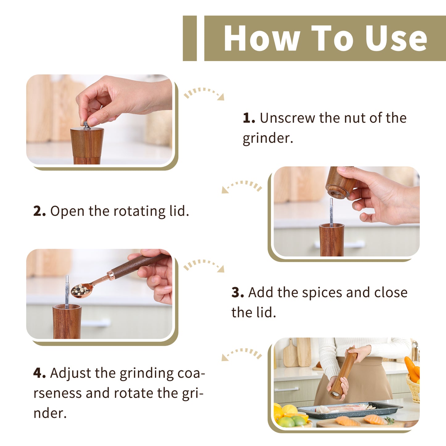 KKC 10inch Acacia Wooden Pepper Grinder Salt Mill Spice Herb Grinder for Kitchen Grinding Tool
