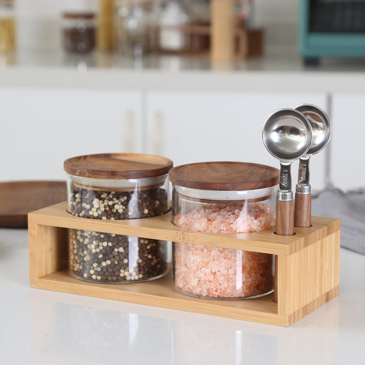 KKC HOME ACCENTS Glass Sugar and Salt Containers with Airtight Lids and Scoops,Sealed Glass Storage Jar Canisters with Scoops for Kitchen Counter,Wooden Top Glass Kitchen Storage Jars,18 Fluid-oz