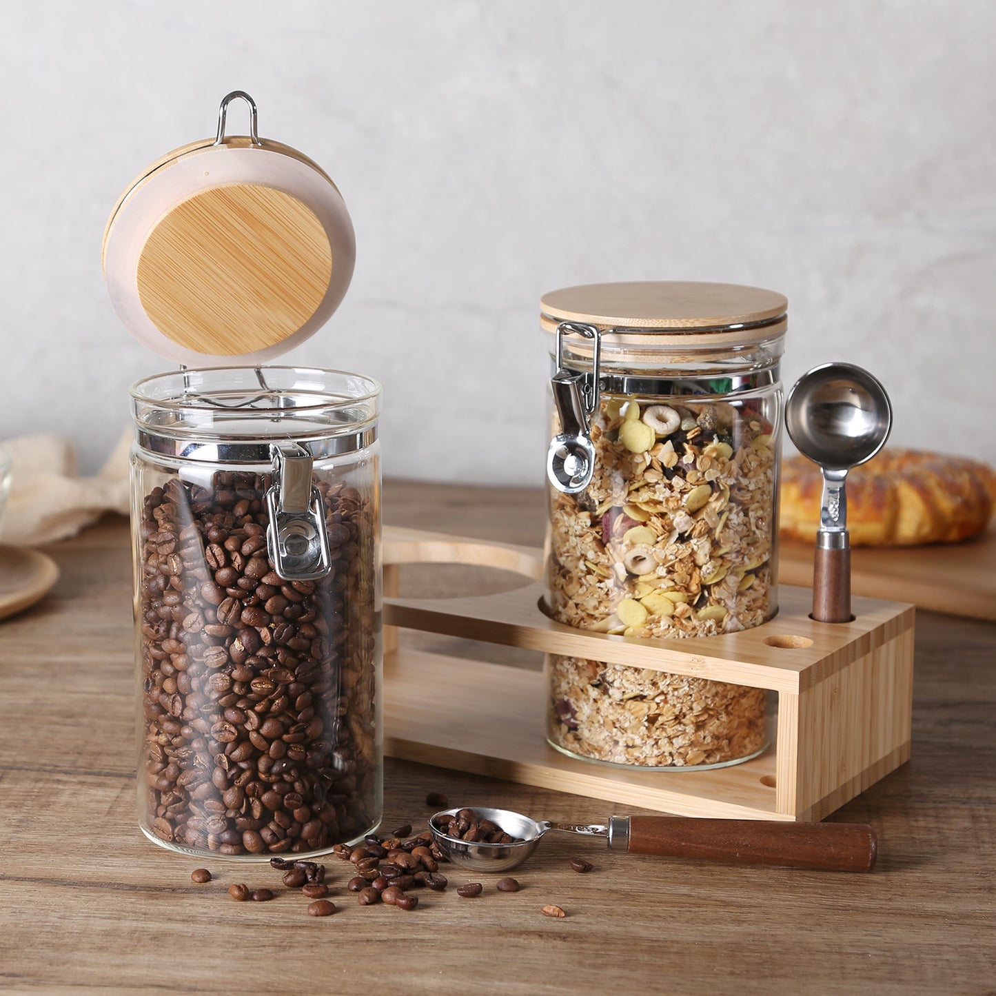 KKC HOME ACCENTS Glass Coffee and Sugar Containers with Airtight Hinged Lids,Sealed Glass Jar Canisters with Scoops for Ground Coffee,Beans,Loose Leaf Tea,Nuts,Matcha,40 Fluid-oz