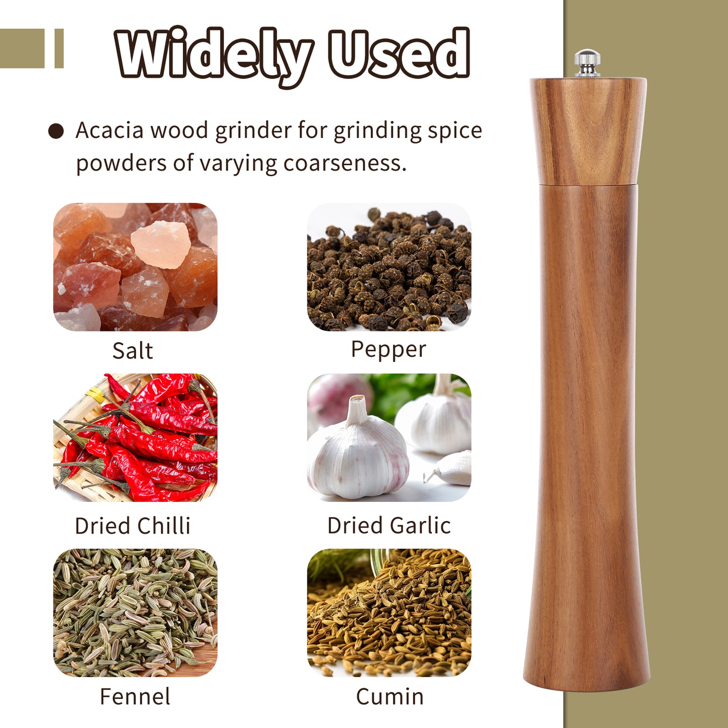 KKC 10inch Acacia Wooden Pepper Grinder Salt Mill Spice Herb Grinder for Kitchen Grinding Tool