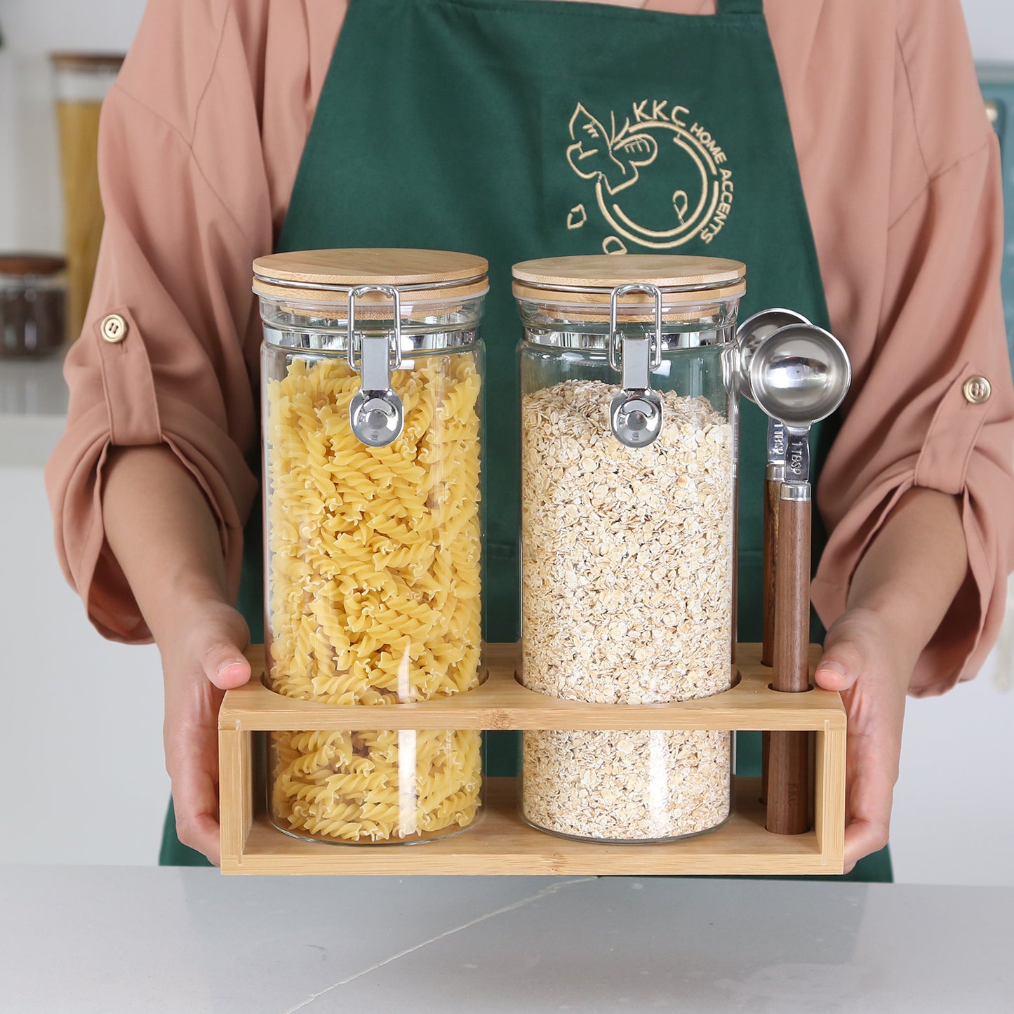 KKC HOME ACCENTS Airtight Tall Glass Coffee Sugar Jar Canisters with Hinged Lids and Scoops for Kitchen Countertop,Sealed Glass Containers for Ground Coffee, Beans,Brown Sugar,Loose Tea,Flour
