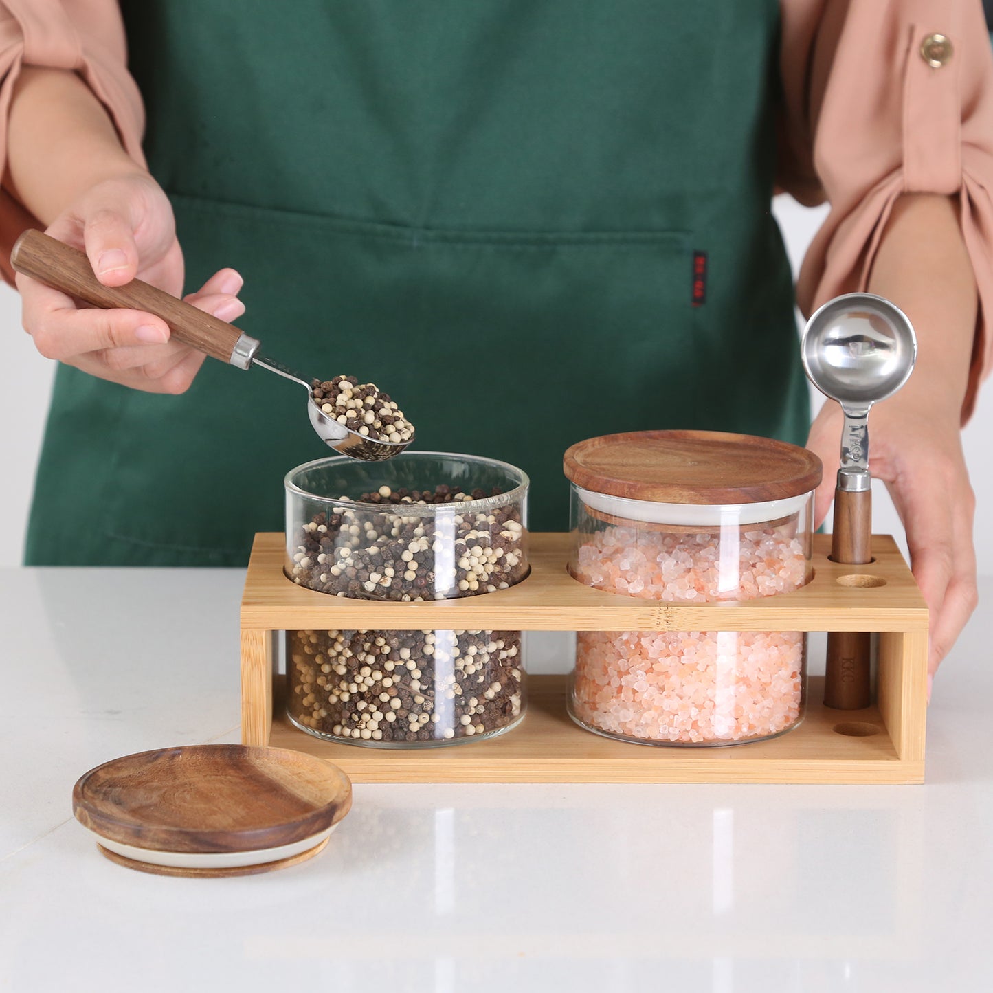 KKC HOME ACCENTS Glass Sugar and Salt Containers with Airtight Lids and Scoops,Sealed Glass Storage Jar Canisters with Scoops for Kitchen Counter,Wooden Top Glass Kitchen Storage Jars,18 Fluid-oz