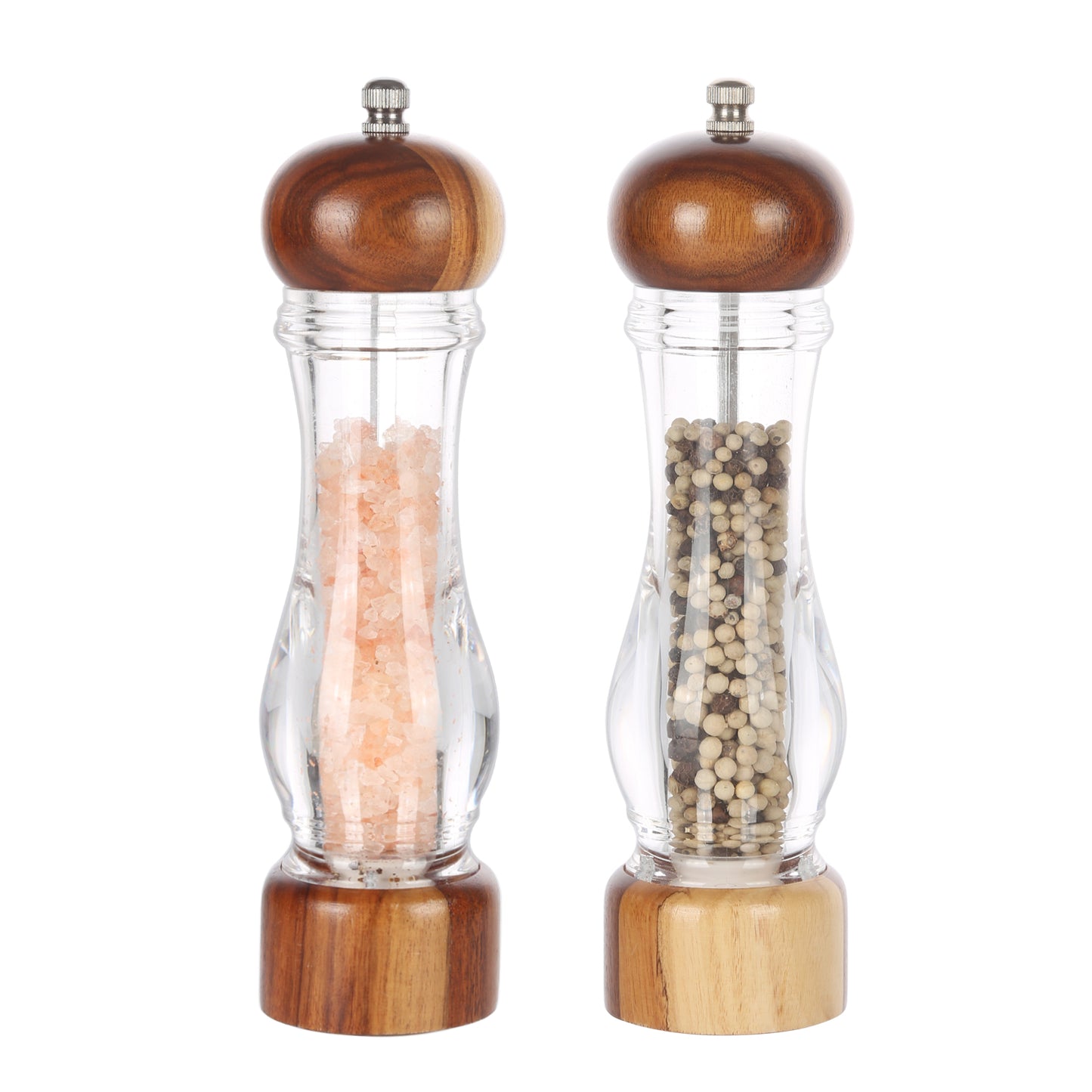 KKC HOME ACCENTS Wooden Salt and Pepper Shakers, Wooden Salt and Pepper Grinder Set Refillable,Acacia Wood and Acrylic, 8 inch, Adjustable Coarseness Fine to Coarse,2pcs