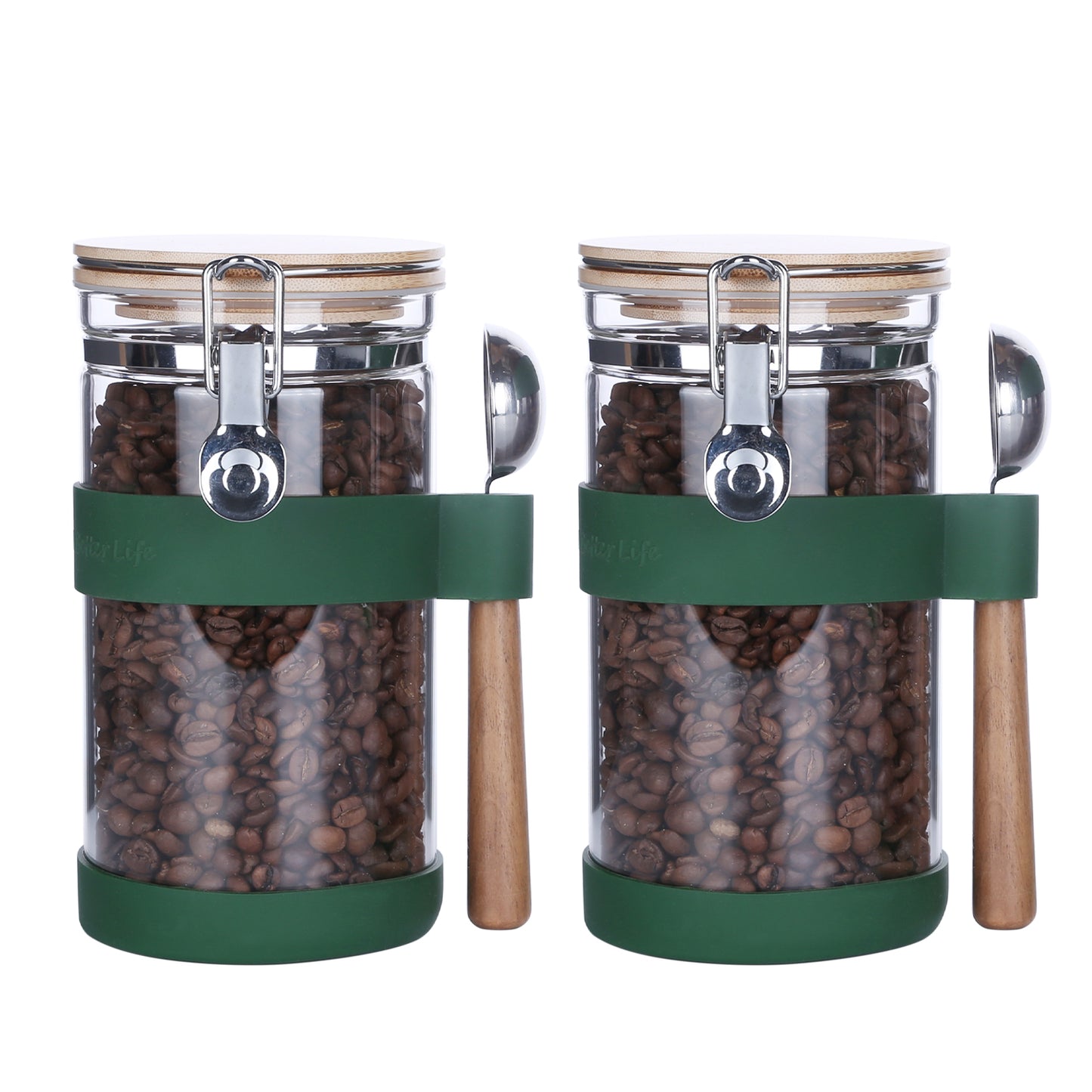 KKC HOME ACCENTS Airtight Sealed Glass Coffee Storage Container with Scoop,Glass Storage Jar with Sealed Bamboo Hinged Lid,Airtight Glass Canister for 1lb Coffee Beans,Cocoa,Ground Coffee,40 Fluid-oz,2Pcs