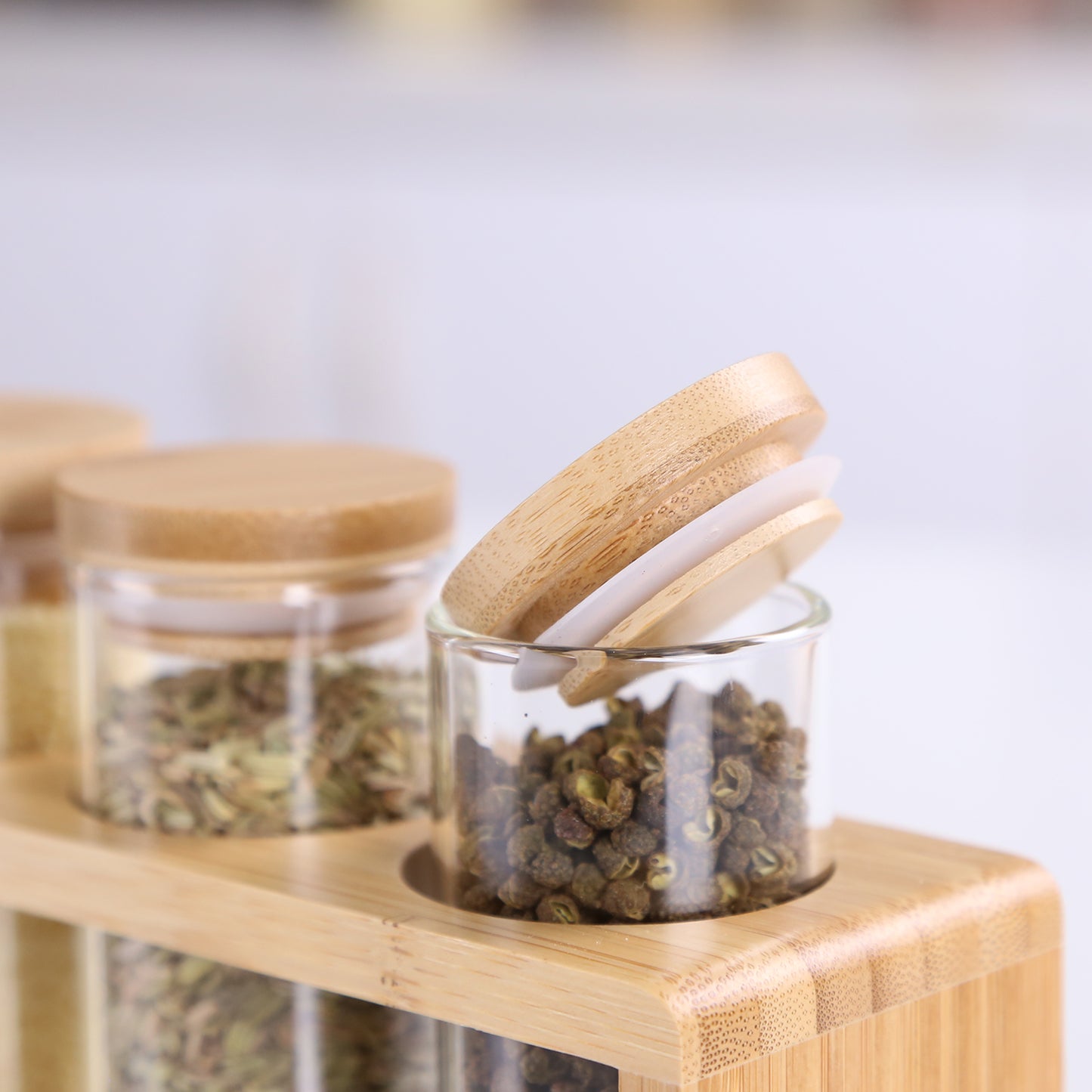 KKC 6 Piece- Eco-friendly Bamboo Lid Glass Spice Jar Set, Bamboo Shelf and one spoon For Spices, Seasoning, Herb Storage and Kitchen Organization.