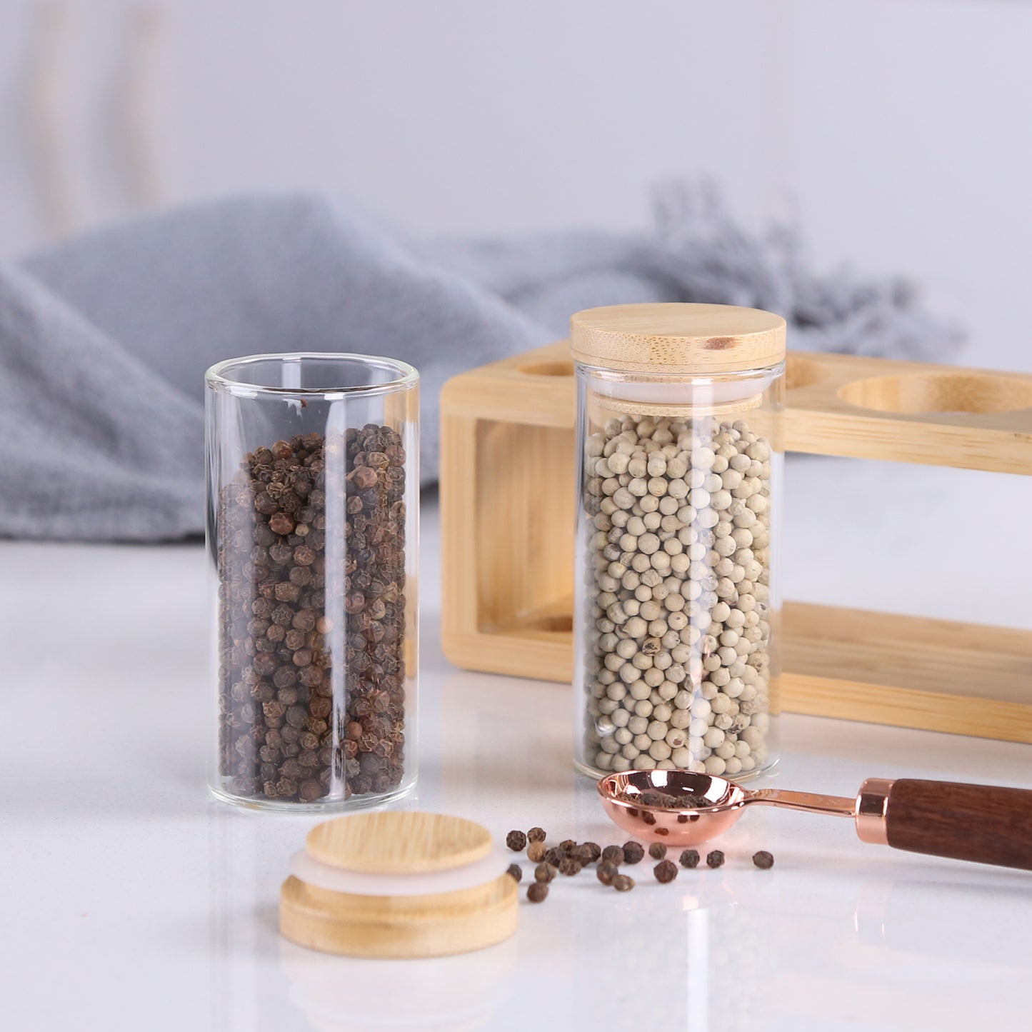 KKC 6 Piece- Eco-friendly Bamboo Lid Glass Spice Jar Set, Bamboo Shelf and one spoon For Spices, Seasoning, Herb Storage and Kitchen Organization.