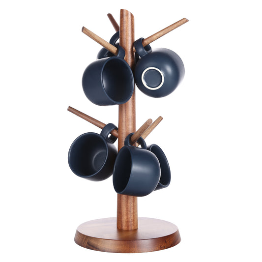 KKC Wooden Mug Holder Tree with 6 Black Ceramic Coffee Mugs,Coffee Cup Holder Tree with 6 Coffee Cups