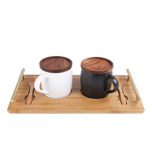 KKC HOME ACCENTS Ceramic Coffee Mug set of 2 with Wooden Spoons and Bamboo Tray ,Ceramic Coffee Cups set of 2 ,Black & White ,13 Ounce, Ceramic Cups with Tray for Coffee,Tea