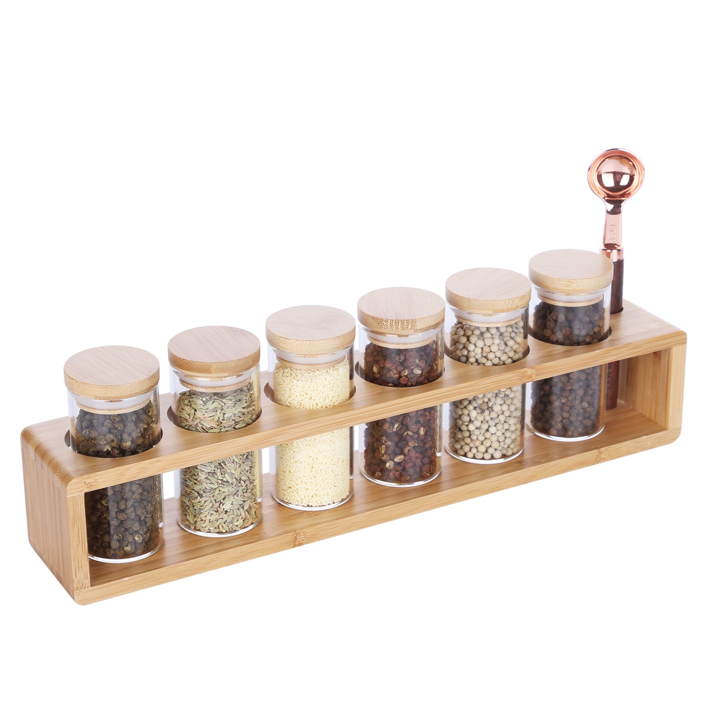 KKC 6 Piece- Eco-friendly Bamboo Lid Glass Spice Jar Set, Bamboo Shelf and one spoon For Spices, Seasoning, Herb Storage and Kitchen Organization.