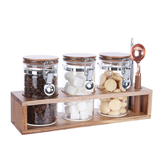 KKC Home Accents Glass Food Storage Jars with Airtight Locking Clamp Bamboo Lids,Sugar and Salt Storage Containers,Sealed Glass Container with Scoop for Spice,Tea,Salt,Sugar,13 Fluid-oz