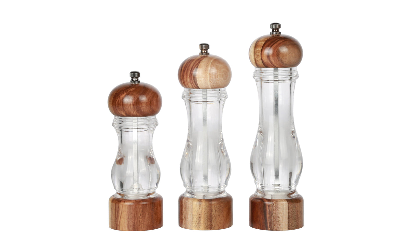 KKC HOME ACCENTS Wooden Salt and Pepper Shakers, Wooden Salt and Pepper Grinder Set Refillable,Acacia Wood and Acrylic, 8 inch, Adjustable Coarseness Fine to Coarse,2pcs