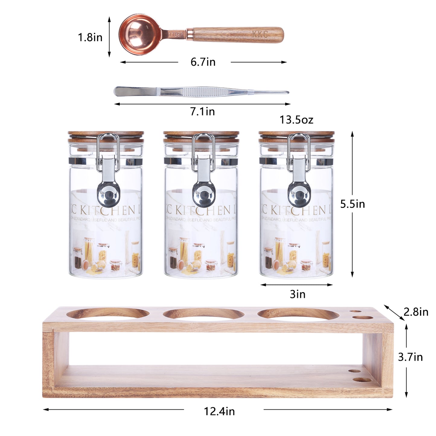 KKC Home Accents Glass Food Storage Jars with Airtight Locking Clamp Bamboo Lids,Sugar and Salt Storage Containers,Sealed Glass Container with Scoop for Spice,Tea,Salt,Sugar,13 Fluid-oz