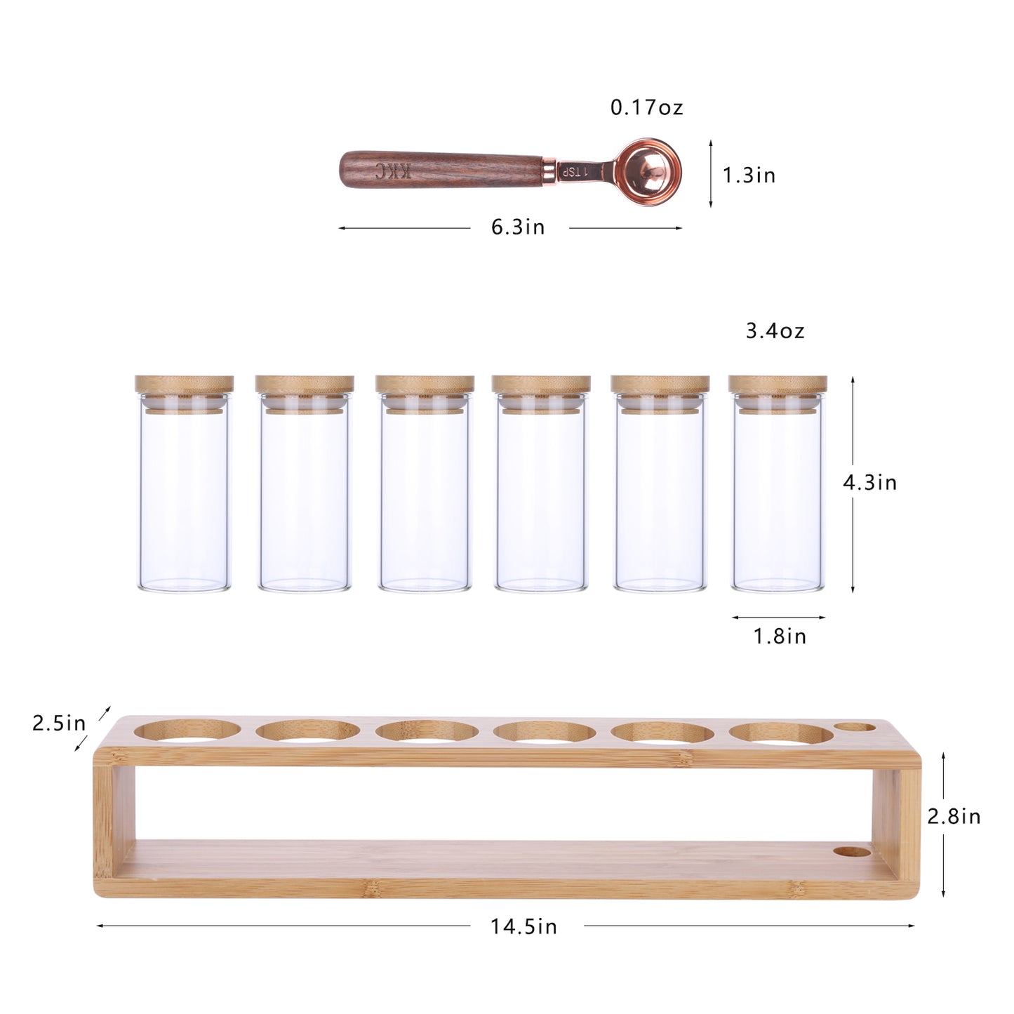 KKC 6 Piece- Eco-friendly Bamboo Lid Glass Spice Jar Set, Bamboo Shelf and one spoon For Spices, Seasoning, Herb Storage and Kitchen Organization.