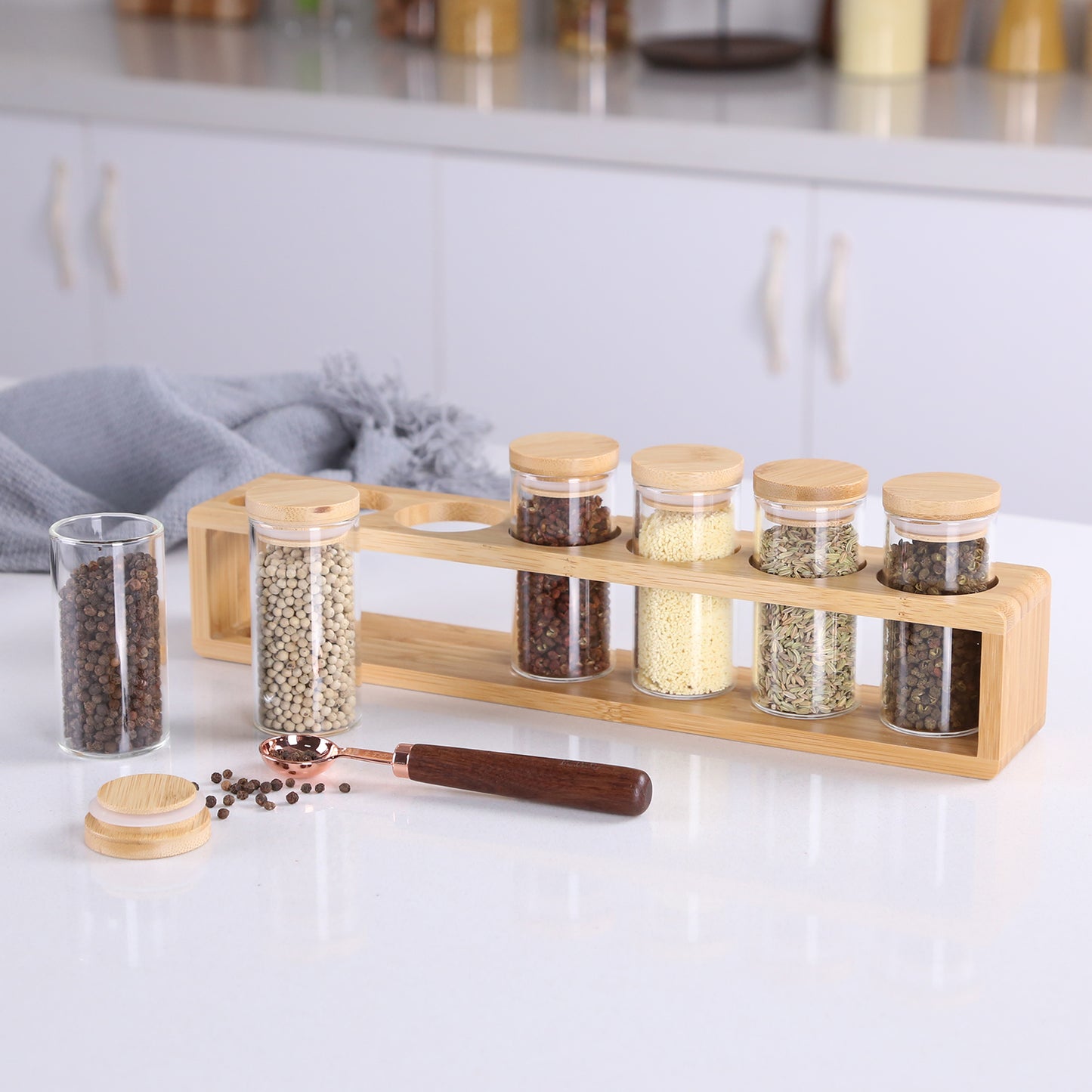 KKC 6 Piece- Eco-friendly Bamboo Lid Glass Spice Jar Set, Bamboo Shelf and one spoon For Spices, Seasoning, Herb Storage and Kitchen Organization.