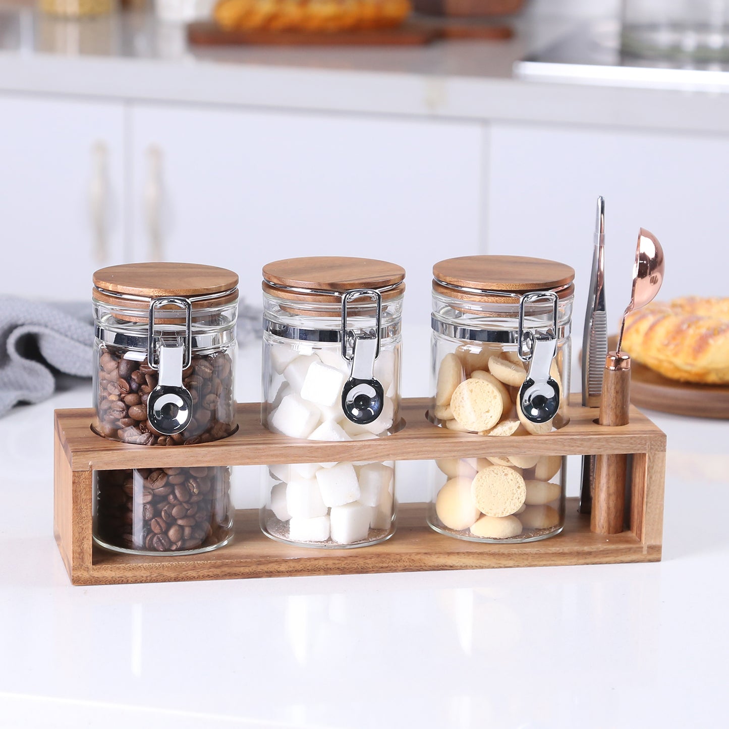 KKC Home Accents Glass Food Storage Jars with Airtight Locking Clamp Bamboo Lids,Sugar and Salt Storage Containers,Sealed Glass Container with Scoop for Spice,Tea,Salt,Sugar,13 Fluid-oz
