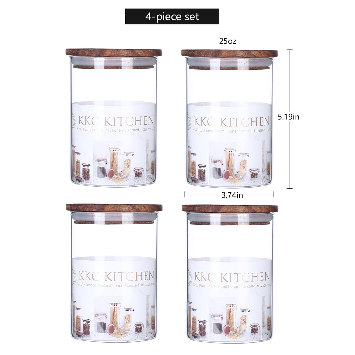 KKC Glass Airtight Food Storage Jar Containers with Wooden Lids, 25 FLoz (750 ML)
