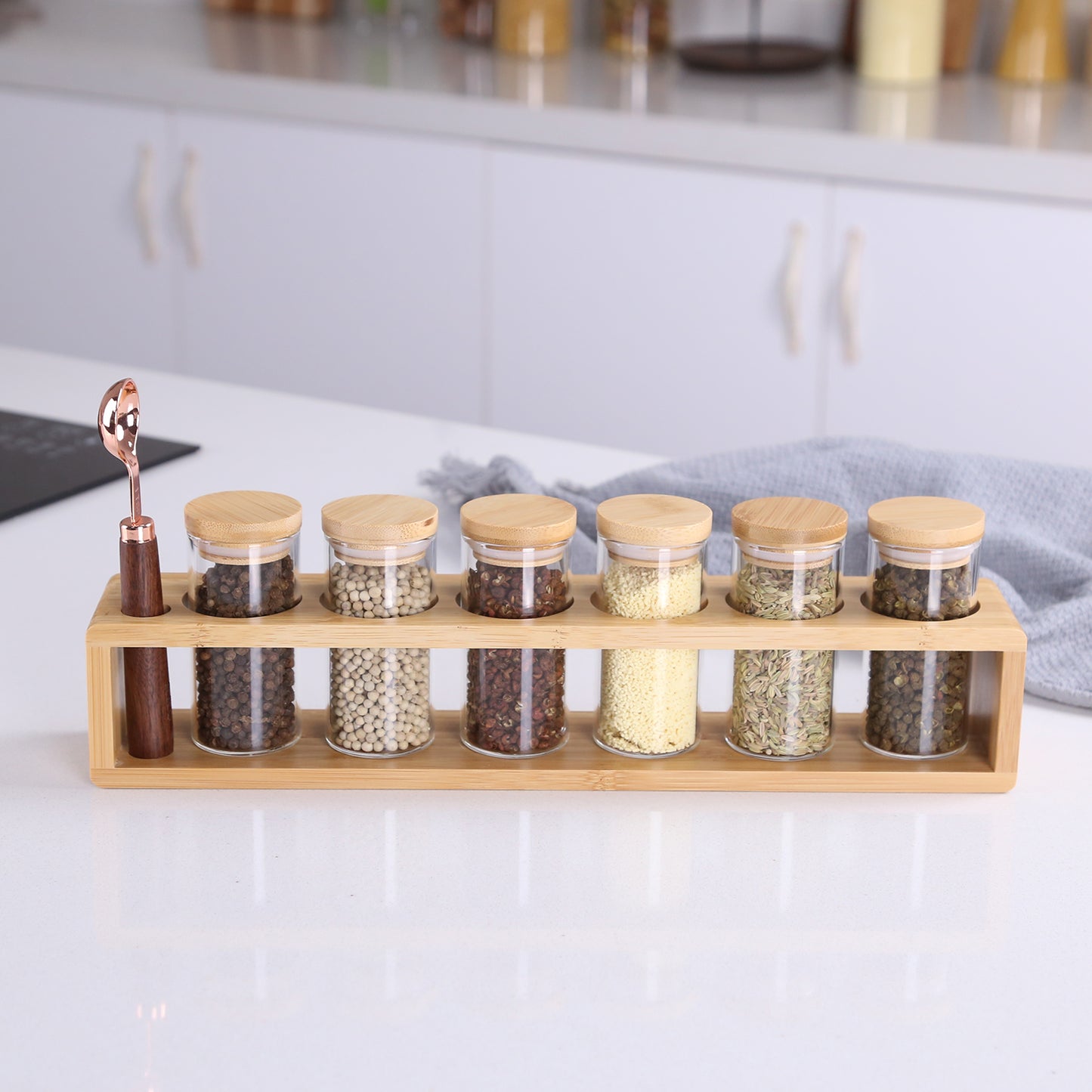 KKC 6 Piece- Eco-friendly Bamboo Lid Glass Spice Jar Set, Bamboo Shelf and one spoon For Spices, Seasoning, Herb Storage and Kitchen Organization.