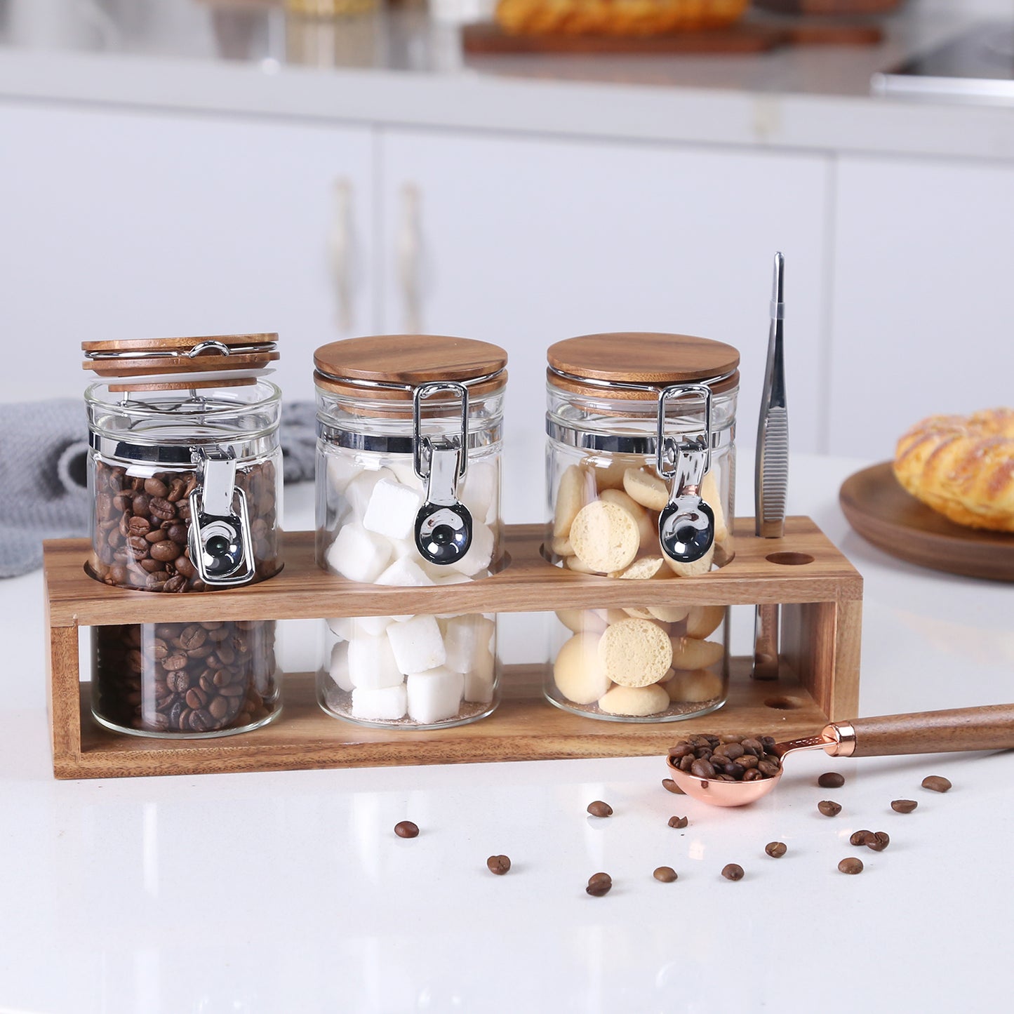 KKC Home Accents Glass Food Storage Jars with Airtight Locking Clamp Bamboo Lids,Sugar and Salt Storage Containers,Sealed Glass Container with Scoop for Spice,Tea,Salt,Sugar,13 Fluid-oz