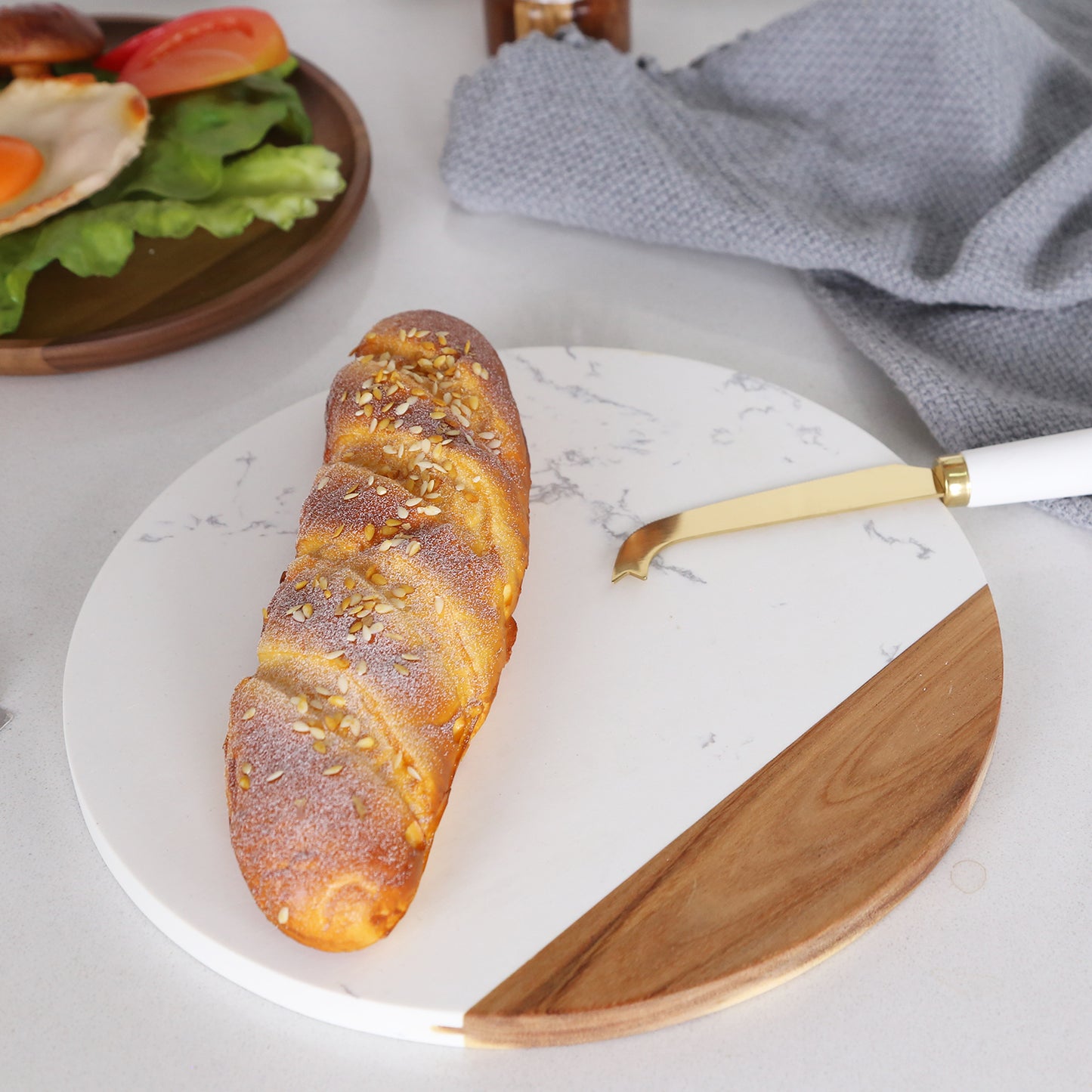KKC HOME ACCENTS White Marble Cheese Board & Knife Set, Marble and Acacia Wood Cheese Board