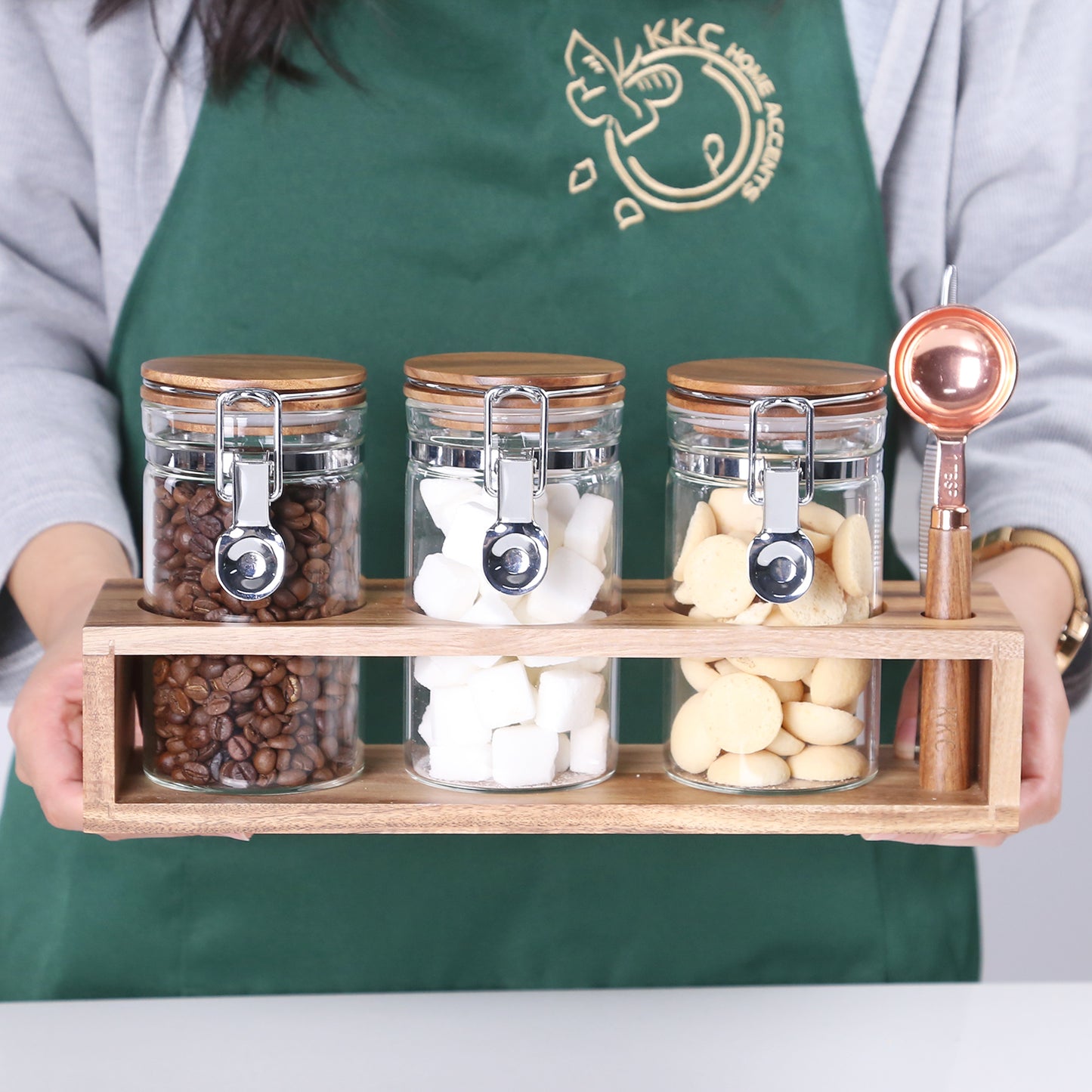KKC Home Accents Glass Food Storage Jars with Airtight Locking Clamp Bamboo Lids,Sugar and Salt Storage Containers,Sealed Glass Container with Scoop for Spice,Tea,Salt,Sugar,13 Fluid-oz