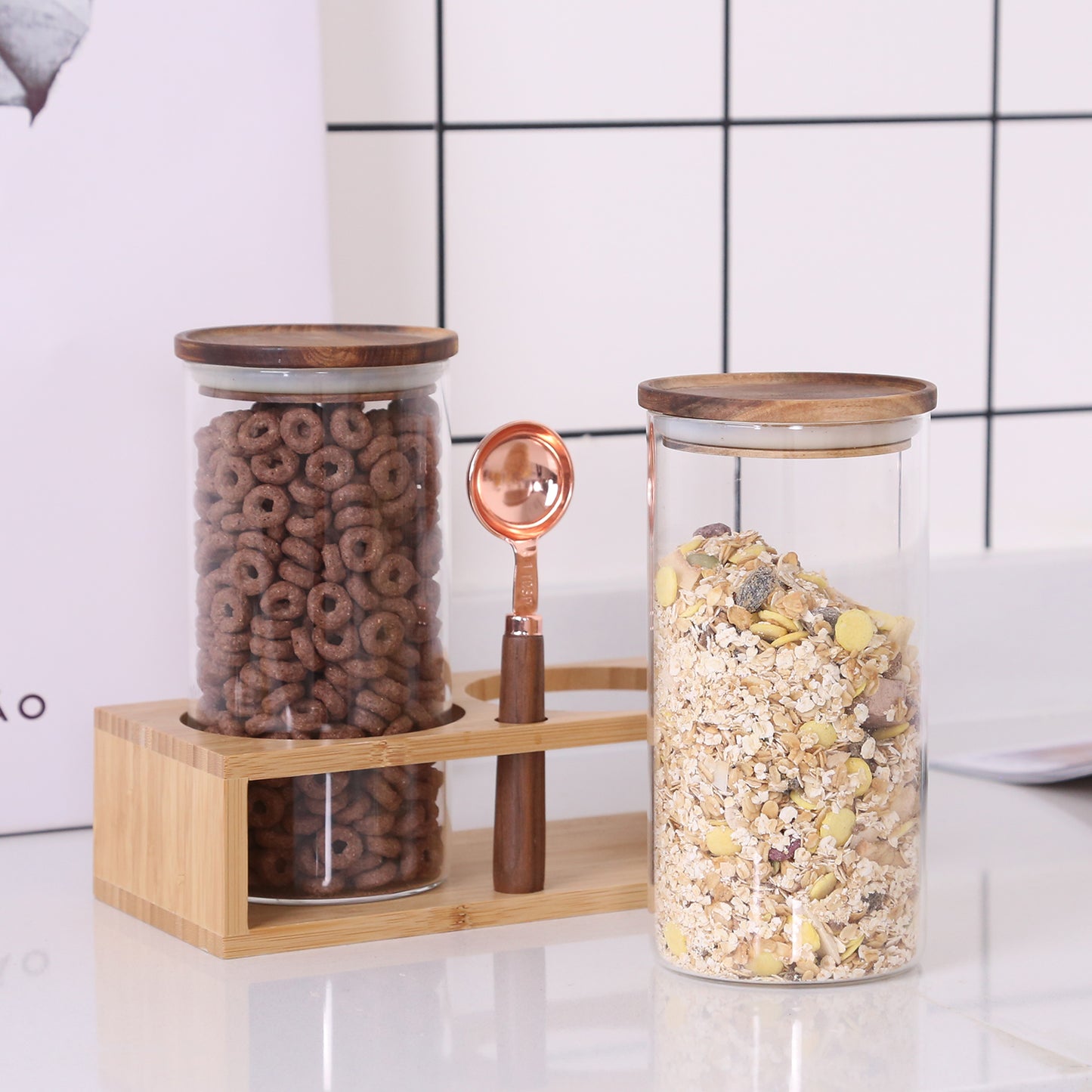 KKC Home Accents Borosilicate Glass Jars with Wood Lids, Tea Container for Loose Tea,Clear Kitchen Storage Jar for Coffee Bean,Nut,Sealed Airtight Glass Container Wooden Lid,39 Fluid-oz (1.2 Quart)