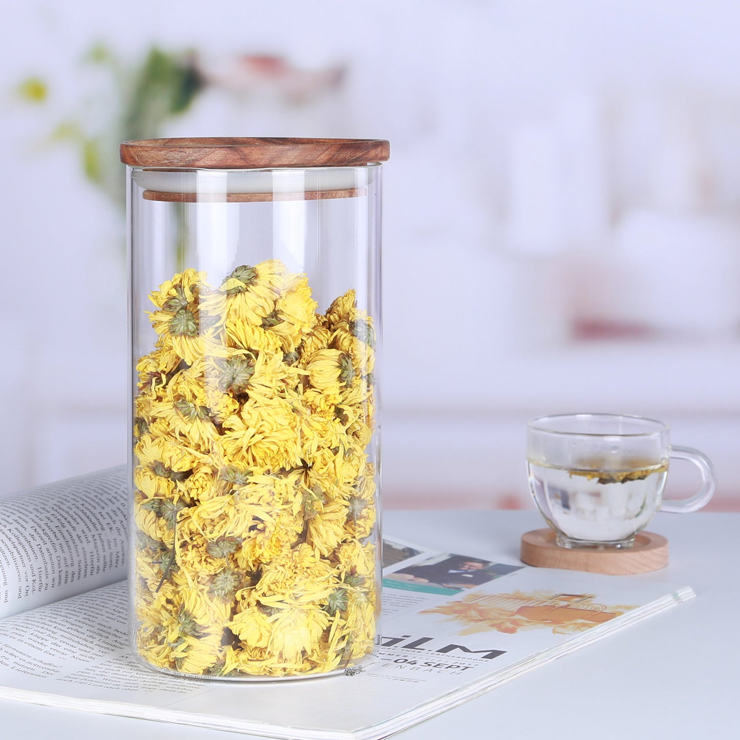 KKC Clear Glass Canisters Jars Containers Set for Food Storage with Airtight Wood Lids,BPA Free,39 Floz