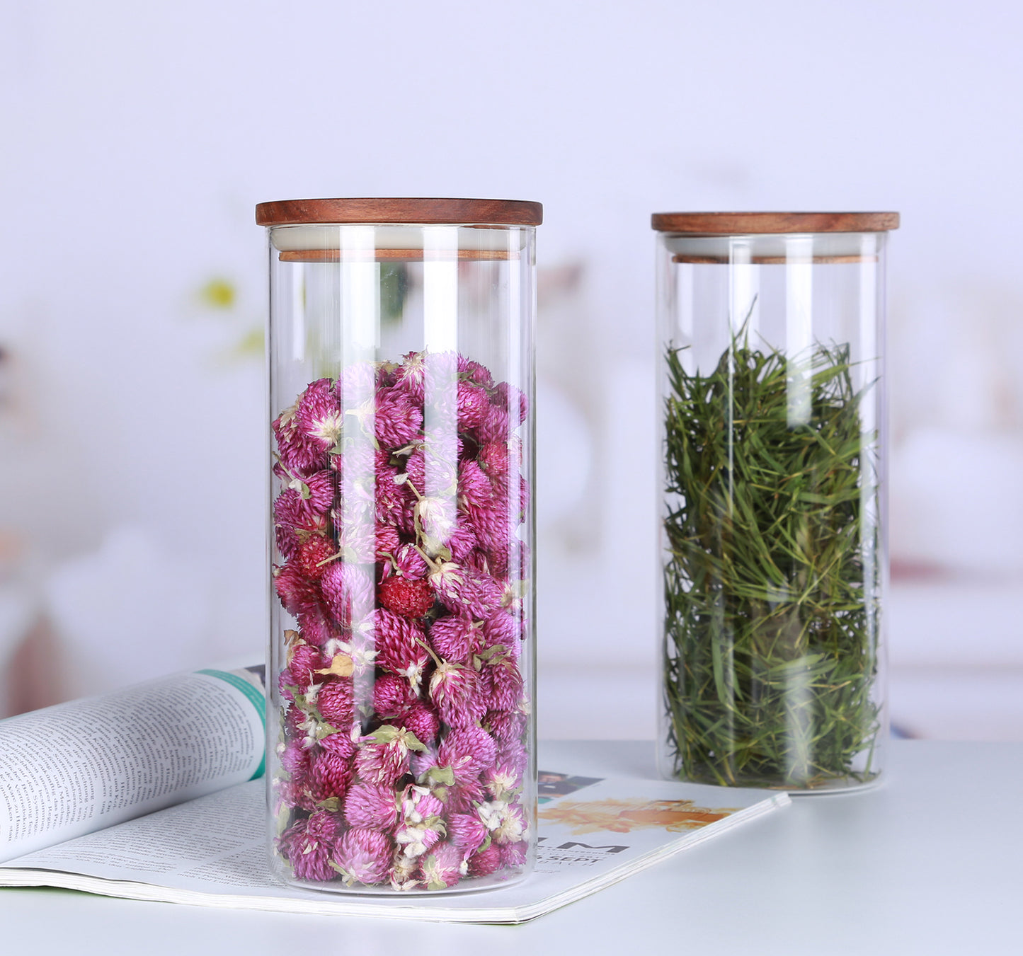 KKC Clear Glass Canister Jar Container Set for Food Storage with Airtight Wood Lid, 39Floz (Only for Canda adress)2 Piece Set