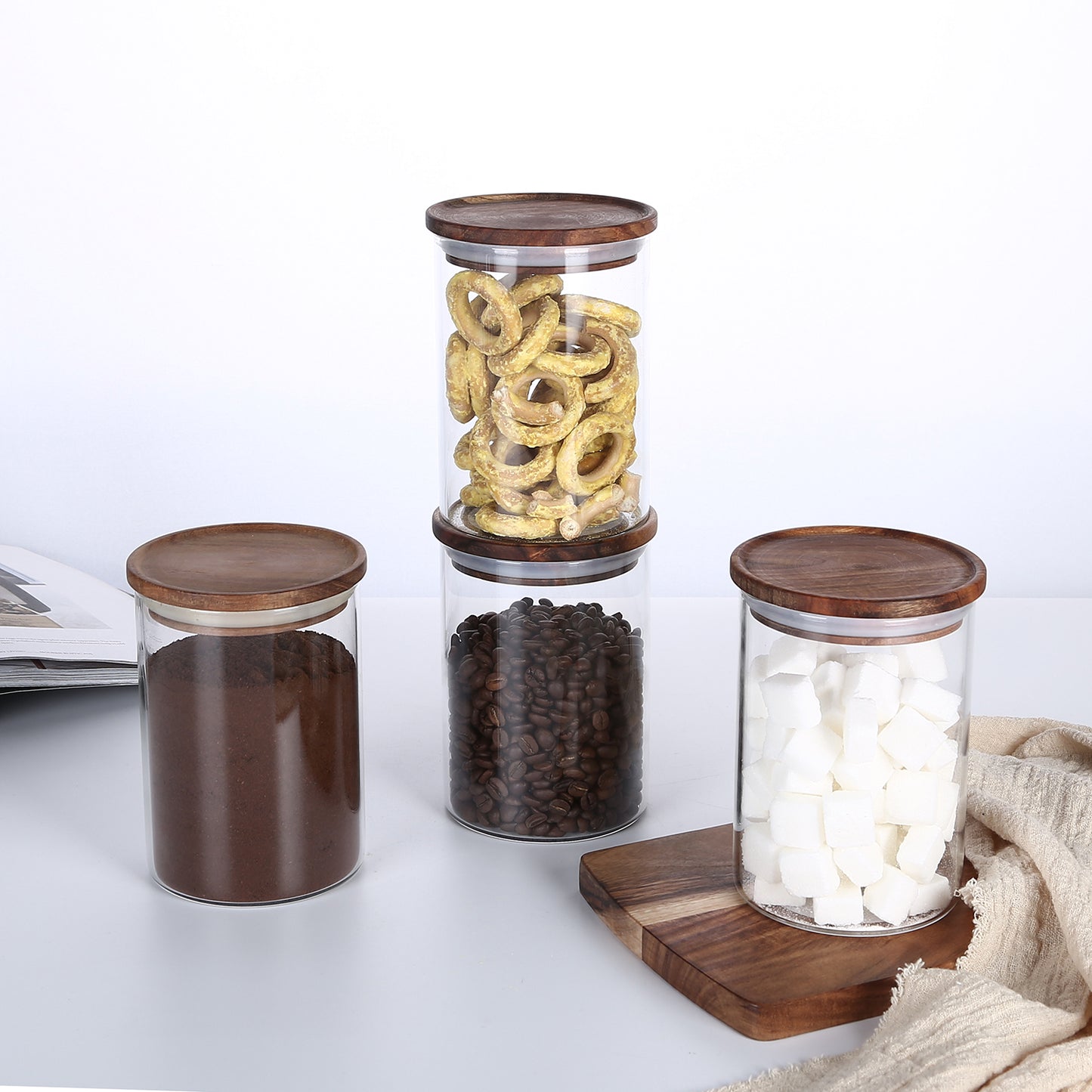 KKC Glass Airtight Food Storage Jar Containers with Wooden Lids, 25 FLoz (750 ML)