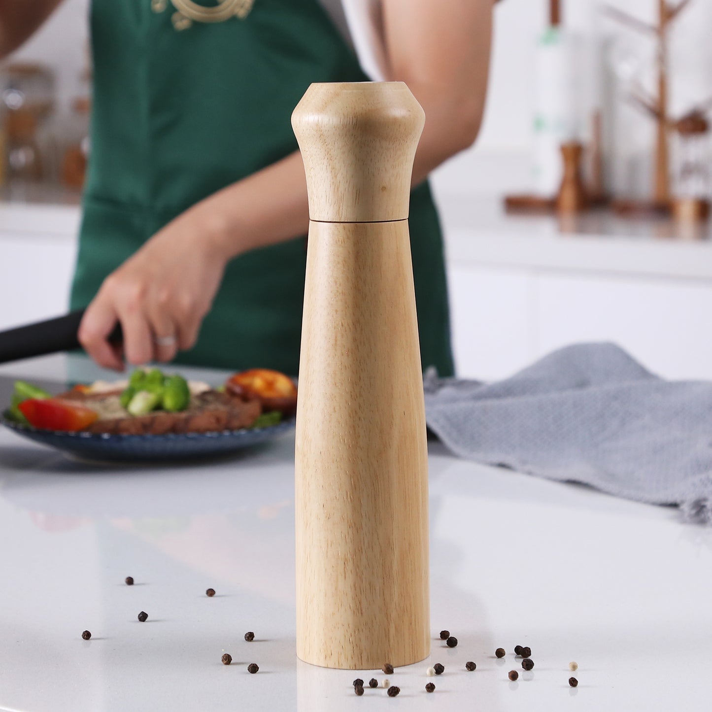 KKC Salt and Pepper Grinder Mill Wood - Wooden Salt and Pepper Mill , 10 inch, Rubber Mill with CrushGrinder
