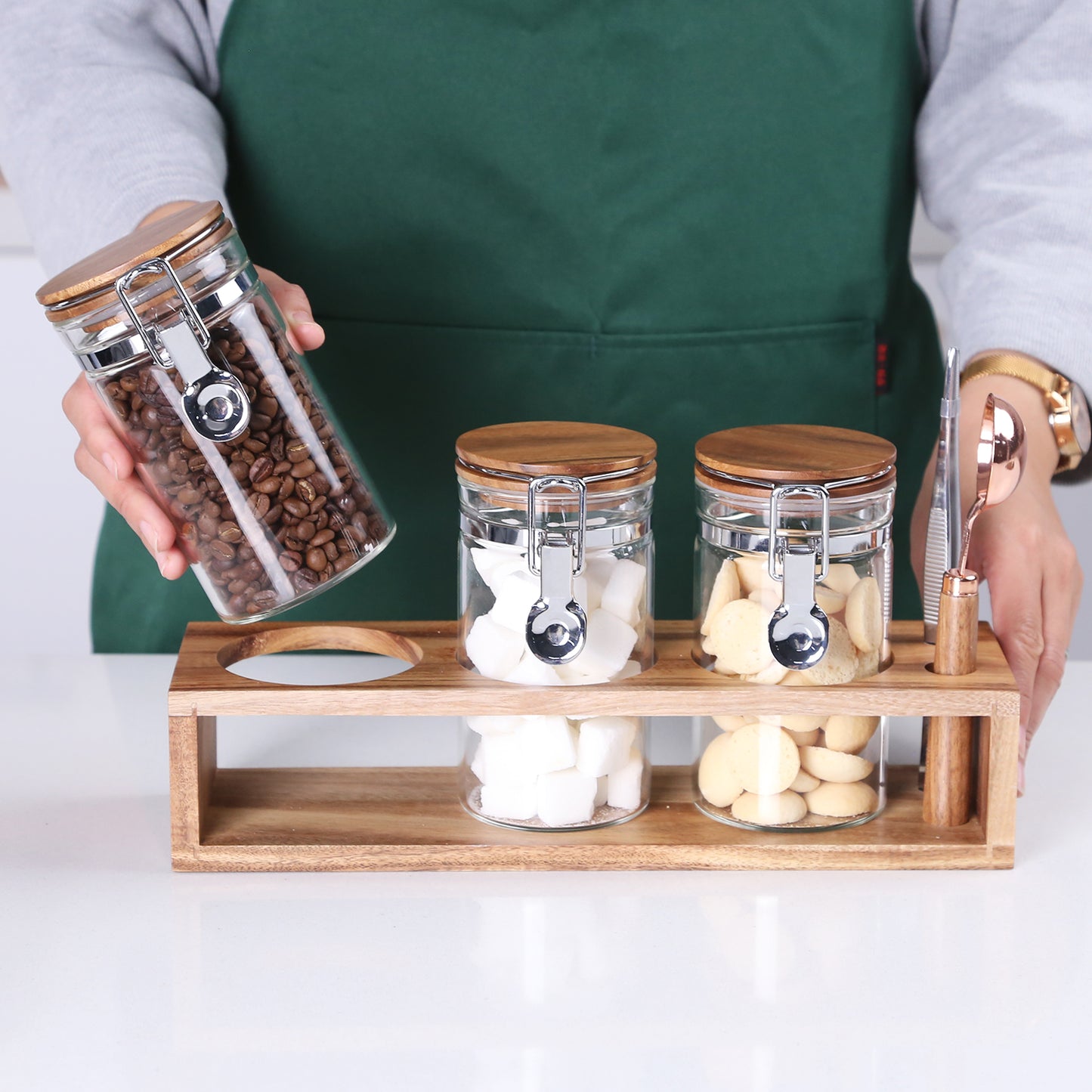 KKC Home Accents Glass Food Storage Jars with Airtight Locking Clamp Bamboo Lids,Sugar and Salt Storage Containers,Sealed Glass Container with Scoop for Spice,Tea,Salt,Sugar,13 Fluid-oz