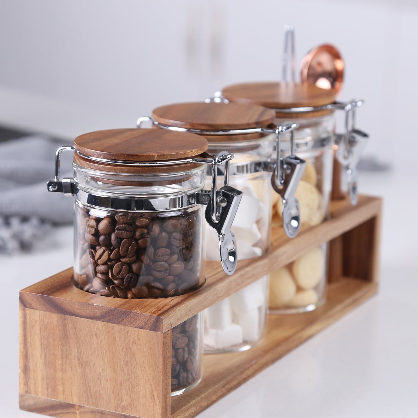KKC Home Accents Glass Food Storage Jars with Airtight Locking Clamp Bamboo Lids,Sugar and Salt Storage Containers,Sealed Glass Container with Scoop for Spice,Tea,Salt,Sugar,13 Fluid-oz