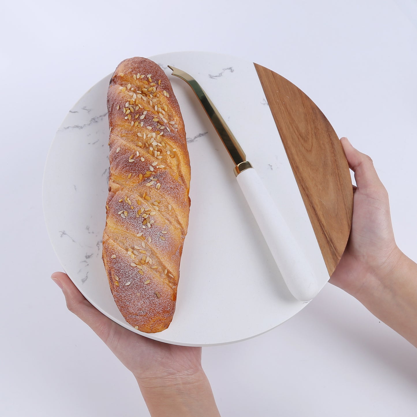 KKC HOME ACCENTS White Marble Cheese Board & Knife Set, Marble and Acacia Wood Cheese Board