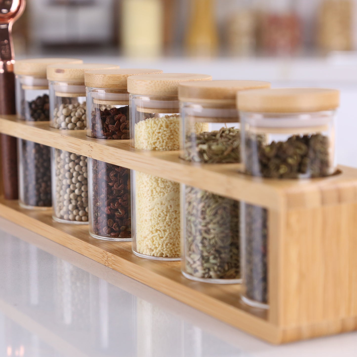 KKC 6 Piece- Eco-friendly Bamboo Lid Glass Spice Jar Set, Bamboo Shelf and one spoon For Spices, Seasoning, Herb Storage and Kitchen Organization.