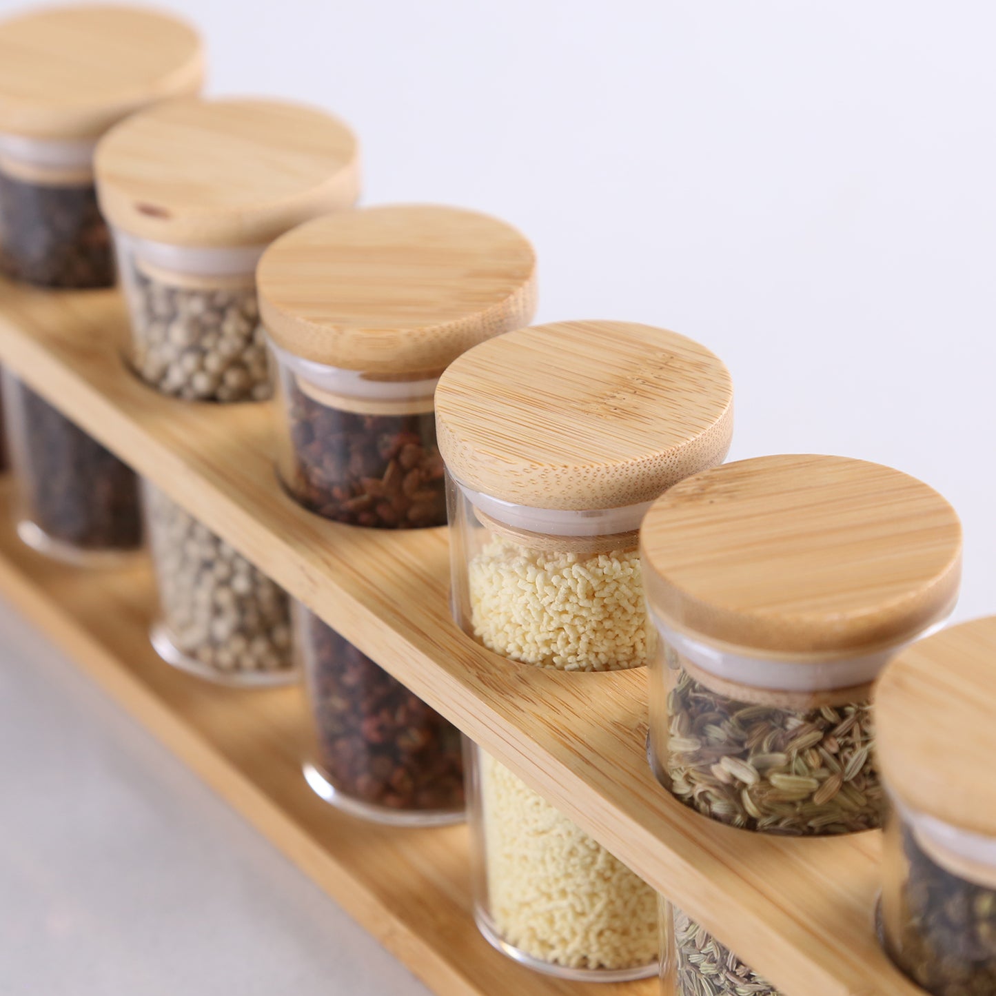 KKC 6 Piece- Eco-friendly Bamboo Lid Glass Spice Jar Set, Bamboo Shelf and one spoon For Spices, Seasoning, Herb Storage and Kitchen Organization.