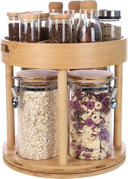 KKC HOME ACCENTS Bamboo Two Tier Lazy Susan Organizer with Sealed Glass Jars for Kitchen Countertop, Turntable Lazy Susan with Airtight Kitchen Canisters set of 4 for Table or Cabinet