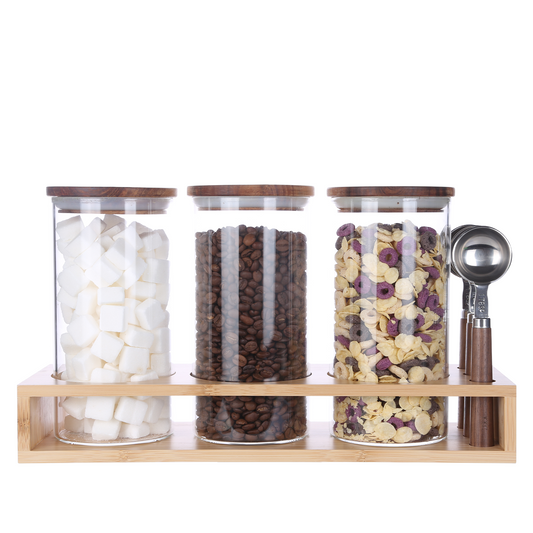 KKC HOME ACCENTS Sealed Glass Containers with Airtight Wood Lids and Scoops for Kitchen Counter,Sealed Jars for Flour,Brown Sugar,Loose Leaf Tea,Coffee Bean or Ground Coffee,39 Fluid-oz