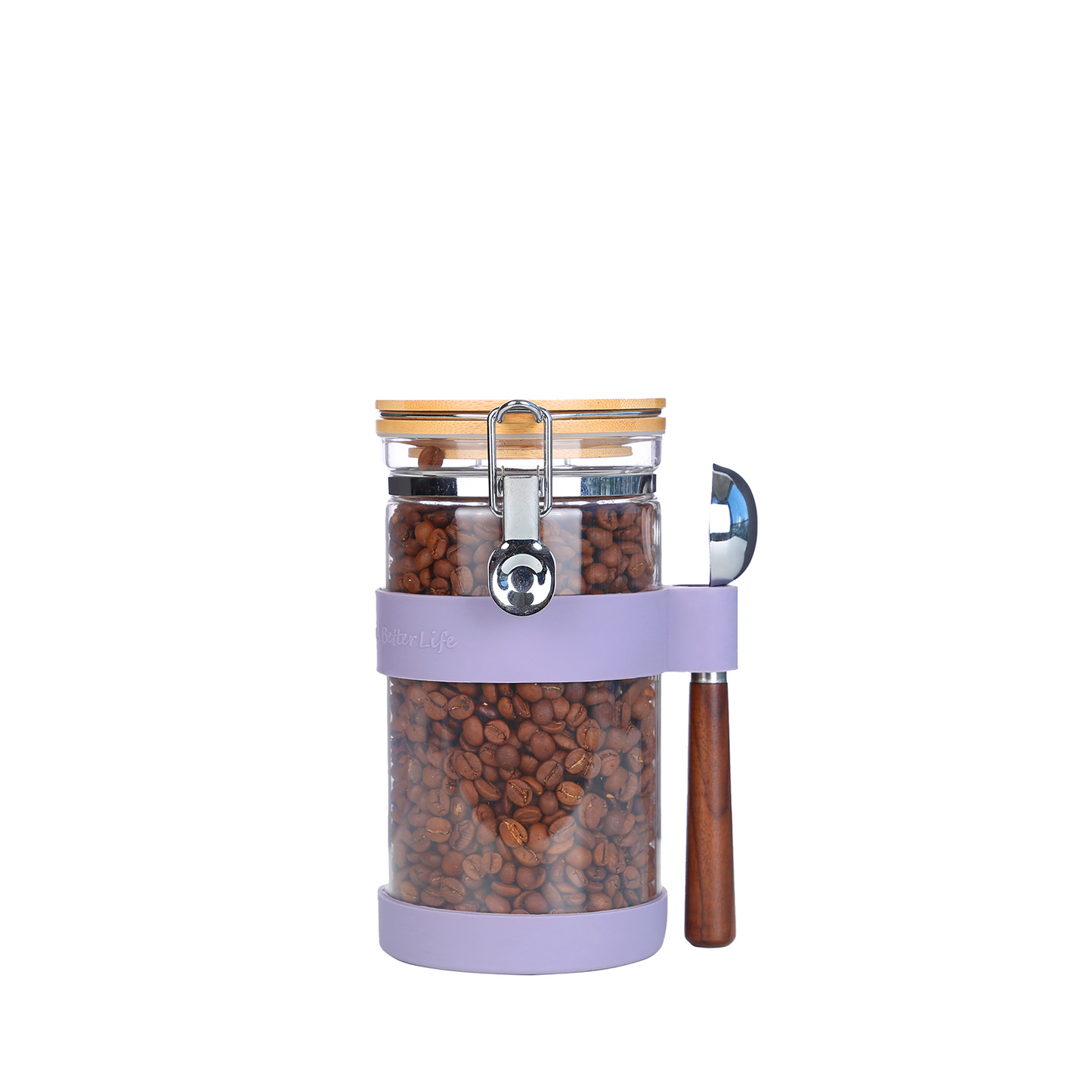 KKC Airtight Coffee Canister, Glass Coffee Bean Storage Contaienr with Silicon Scoop Holder, Non-Slip Silicon Coffee Storage Canister with Spoon for 1 lb Bean,40 Fluid-oz,Taro Purple