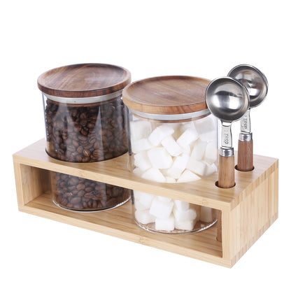 KKC HOME ACCENTS Vacuum Sealed Sugar Coffee Container set with Spoon for Countertop,Glass Sealed Jar Canisters with Wood Lids for Loose Leaf Tea,Sugar,Salt,25 Fluid-oz