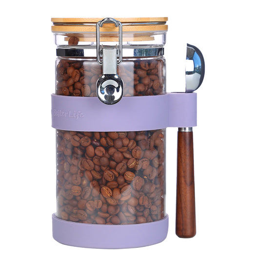 KKC Airtight Coffee Canister, Glass Coffee Bean Storage Contaienr with Silicon Scoop Holder, Non-Slip Silicon Coffee Storage Canister with Spoon for 1 lb Bean,40 Fluid-oz,Taro Purple