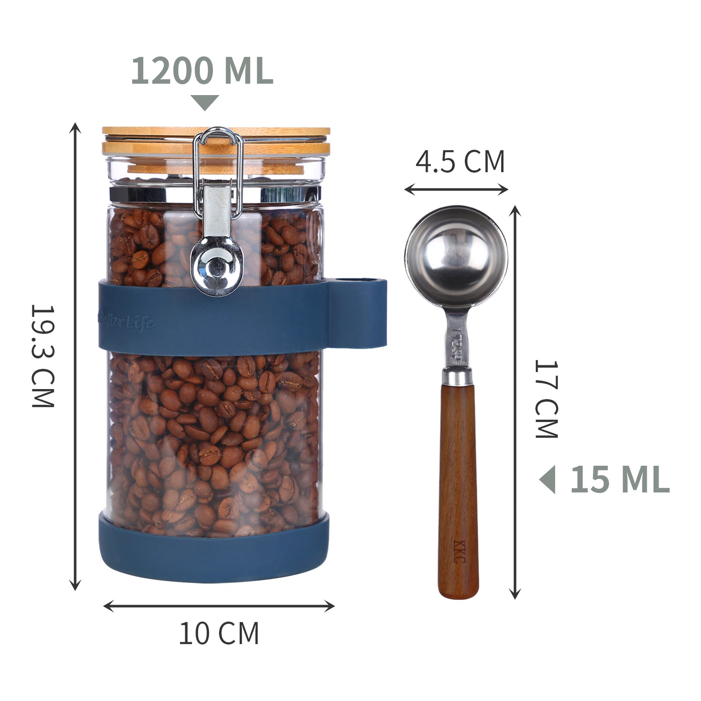 KKC Airtight Coffee Canister, Glass Coffee Bean Storage Contaienr with Silicon Scoop Holder, Non-Slip Silicon Coffee Storage Canister with Spoon for 1 lb Bean,40 Fluid-oz, Indigo