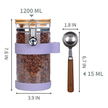 KKC Airtight Coffee Canister, Glass Coffee Bean Storage Contaienr with Silicon Scoop Holder, Non-Slip Silicon Coffee Storage Canister with Spoon for 1 lb Bean,40 Fluid-oz,Taro Purple