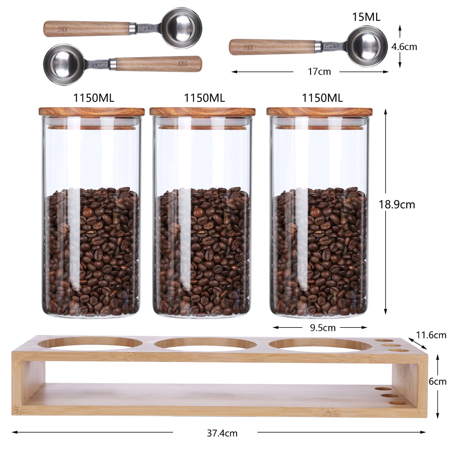 KKC HOME ACCENTS Sealed Glass Containers with Airtight Wood Lids and Scoops for Kitchen Counter,Sealed Jars for Flour,Brown Sugar,Loose Leaf Tea,Coffee Bean or Ground Coffee,39 Fluid-oz
