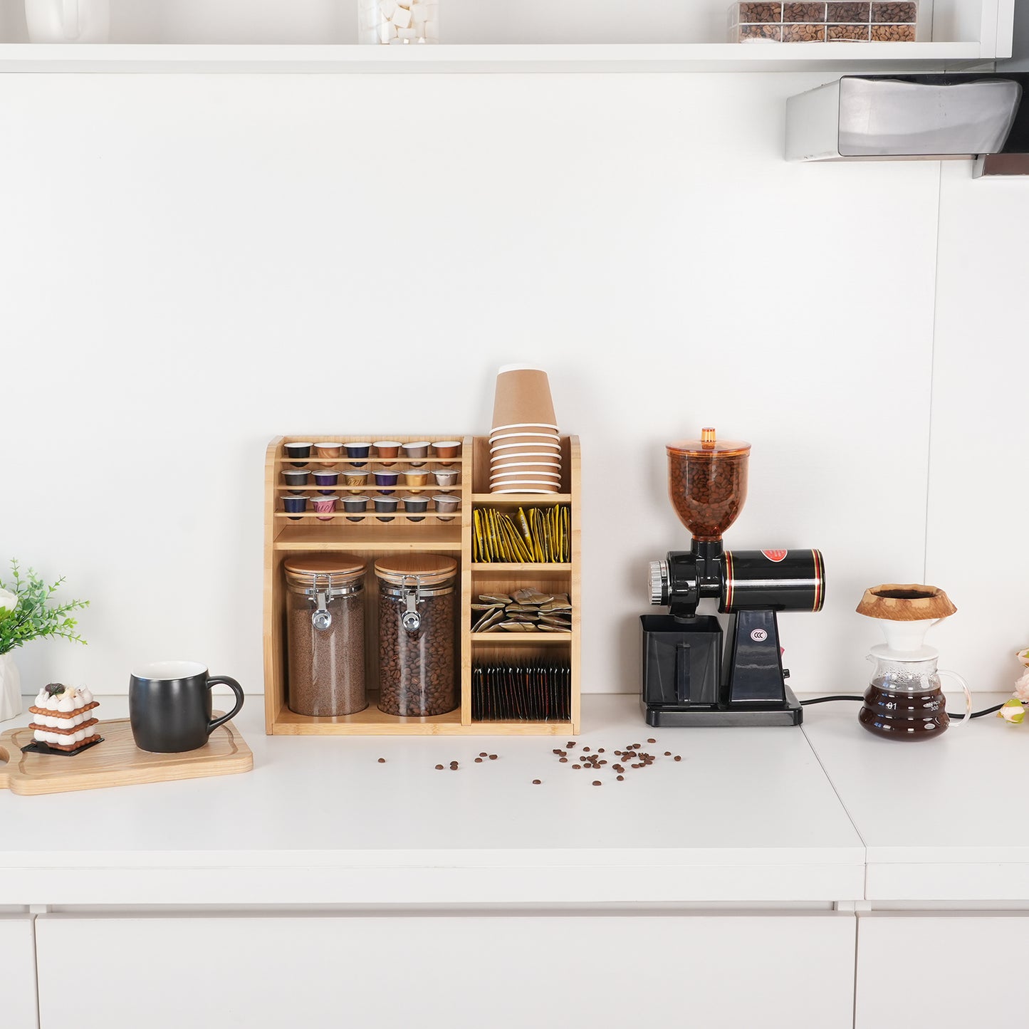 KKC HOME ACCENTS Bamboo Coffee & Tea Station Organizer for Countertop,Coffee Bar Organizer with 2 Airtight Glass Canisters for Loose Tea,Tea Bag - Style B