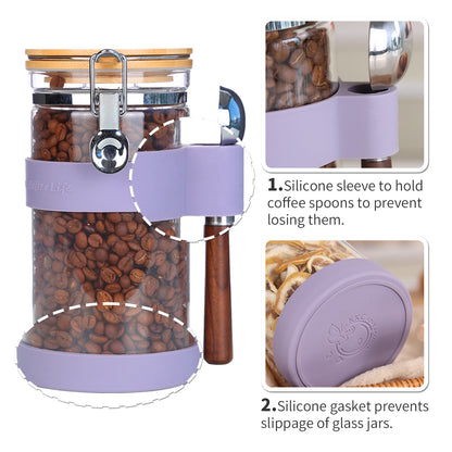 KKC Airtight Coffee Canister, Glass Coffee Bean Storage Contaienr with Silicon Scoop Holder, Non-Slip Silicon Coffee Storage Canister with Spoon for 1 lb Bean,40 Fluid-oz,Taro Purple