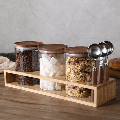 KKC HOME ACCENTS Sealed Glass Food Storage Jars with Scoop for Kitchen Counter,Glass Tea Canisters for Loose Tea,Ground Coffee,Bean,Sugar,Nut,Wooden Top Glass Containers with Spoons,25 Fluid-oz