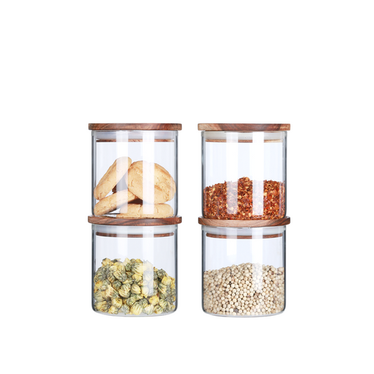 KKC Borosilicate Glass Storage Jars with Wooden Lids,18 FLoz (550 ML),Set of 4