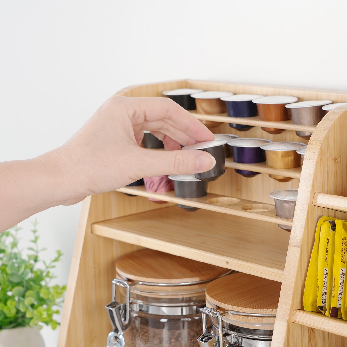 KKC HOME ACCENTS Bamboo Coffee & Tea Station Organizer for Countertop,Coffee Bar Organizer with 2 Airtight Glass Canisters for Loose Tea,Tea Bag - Style B